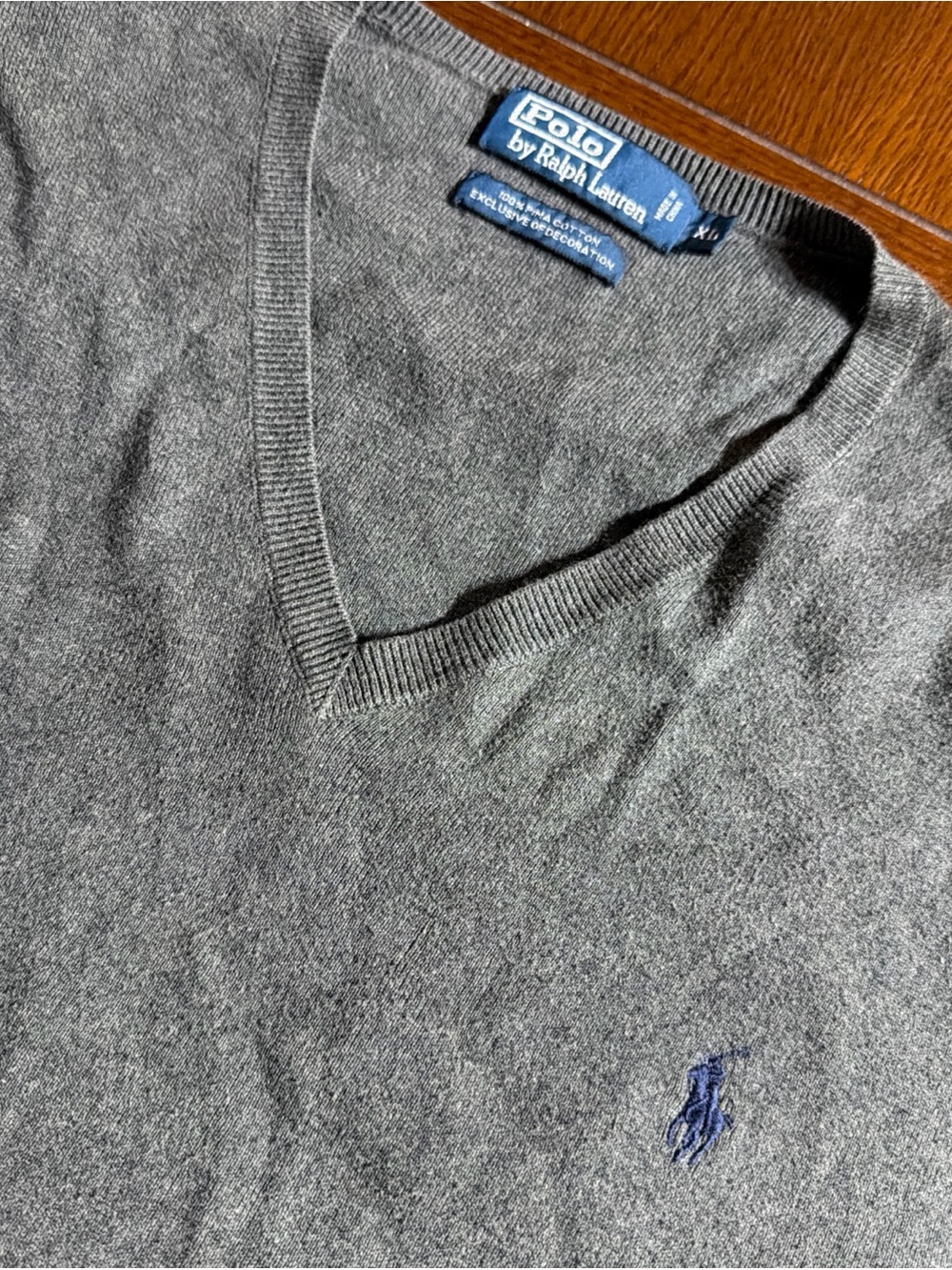 Polo by Ralph Lauren Men's Dark Gray V-Neck Sweater with Navy Logo